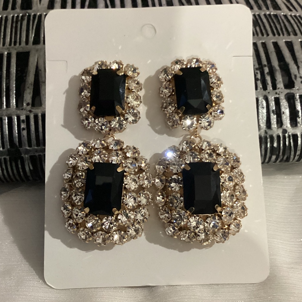 Gorgeous Goldtone Black Crystal Drop Earrings
